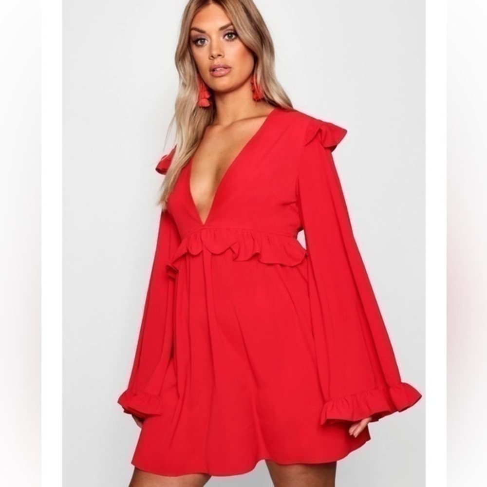 Boohoo Red Long Sleeve Ruffle Mini Dress Size 24